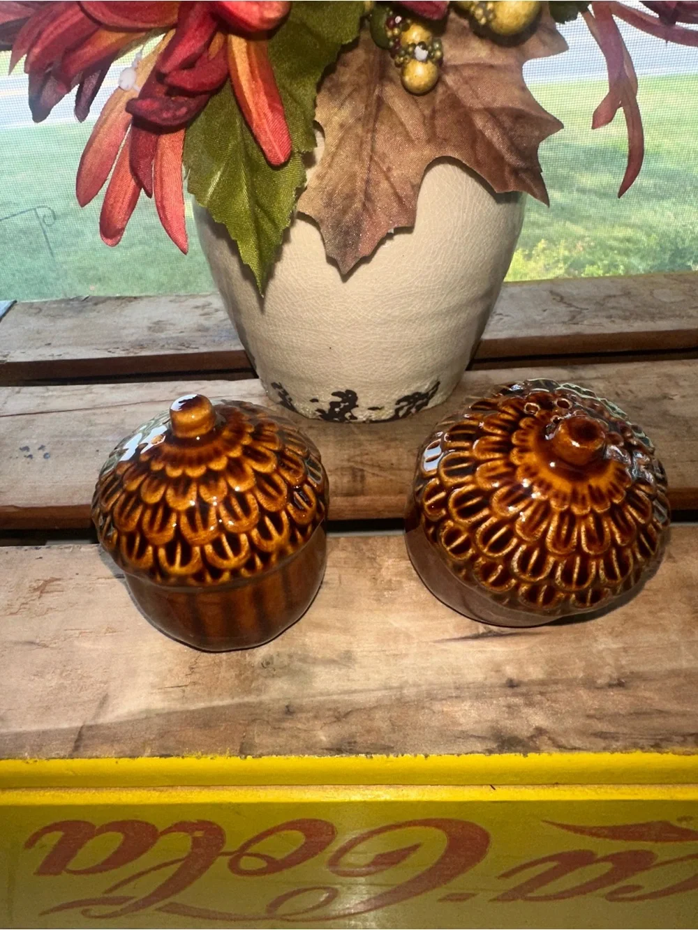 Ceramic Textured Acorn Salt and Pepper Shakers - Brown Glaze. - New
